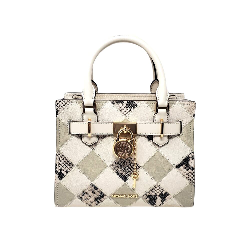 Michael Michael Kors Hamilton Patchwork Snake Embossed Small Satchel Natural New